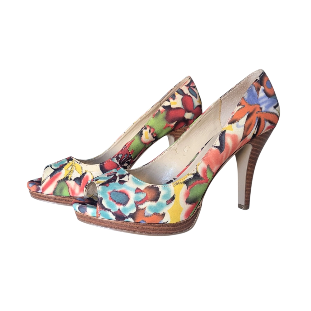 Nine West Danee Multicolor Floral Peep-Toe Platform Pumps Size 7.5M